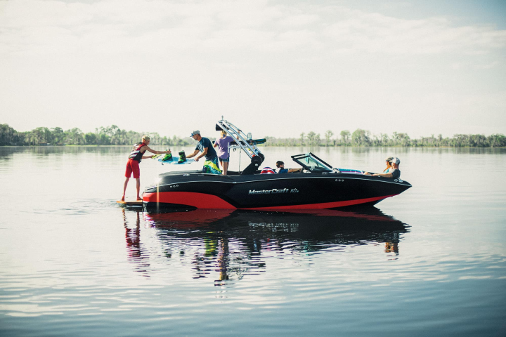 People on a motorboat enjoying a sunny day on the lake.
